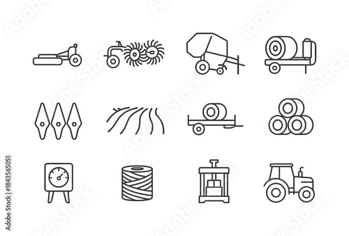 Hay Equipment Icons. Hay Production. Line icon set of Hay Produc