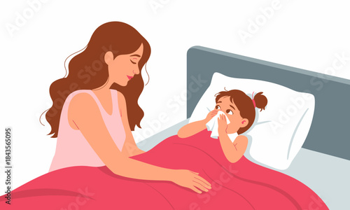 A nurturing scene of a mother tending to her sick child, conveying warmth, love, and the importance of care in times of illness and emotional support within families.
