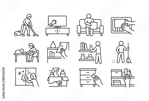 Living Room Cleaning Icons. Living room cleaning scene. Line ico