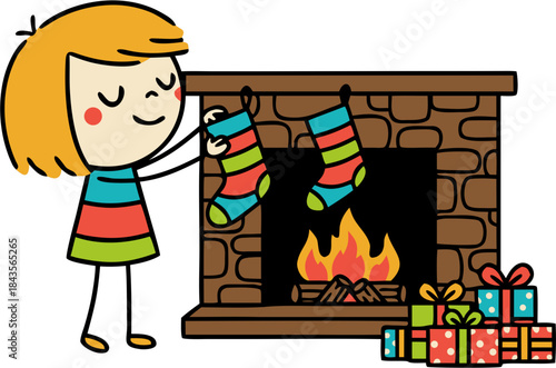 Ginger girl hanging up Santa's socks on fireplace, vector illustration isolated on transparent background