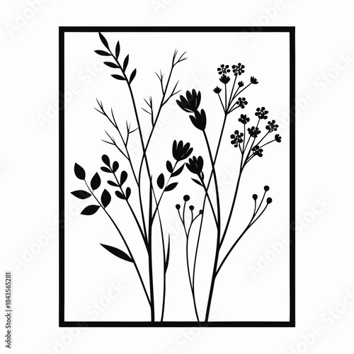 Wildflowers metal wall art, Laser cut file, Wall art vector illustration