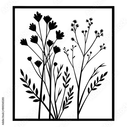Wildflowers metal wall art, Laser cut file, Wall art vector illustration