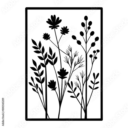 Wildflowers metal wall art, Laser cut file, Wall art vector illustration