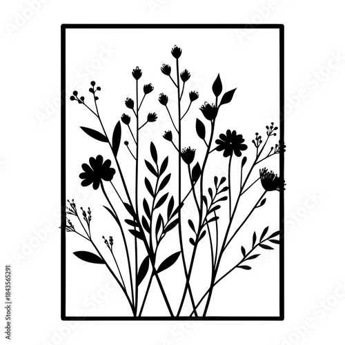 Wildflowers metal wall art, Laser cut file, Wall art vector illustration