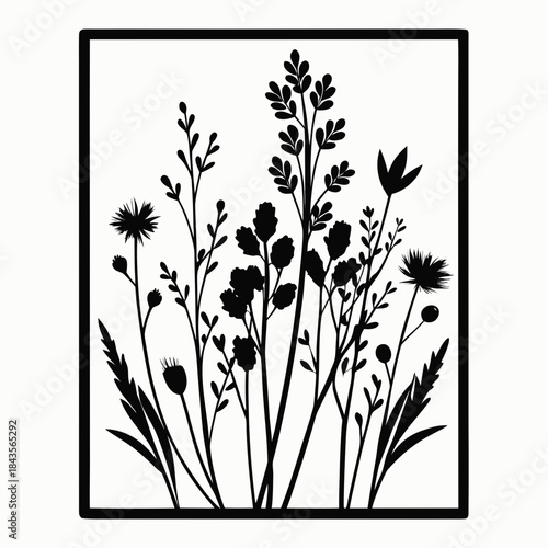 Wildflowers metal wall art, Laser cut file, Wall art vector illustration