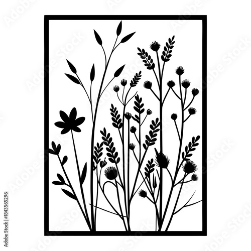 Wildflowers metal wall art, Laser cut file, Wall art vector illustration