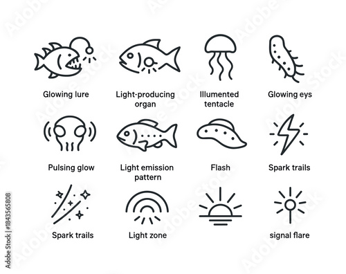 Bioluminescent Icons Collection. Aquatic creatures in extreme en