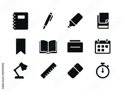 Study Essentials Icons. Study Essentials. Solid icon set of Stud