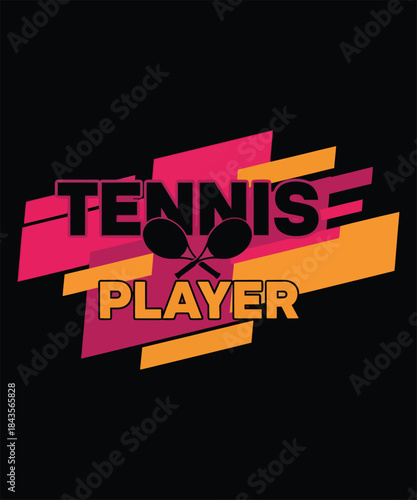 Dynamic tennis player graphic with crossed rackets and bold t shirt design typography