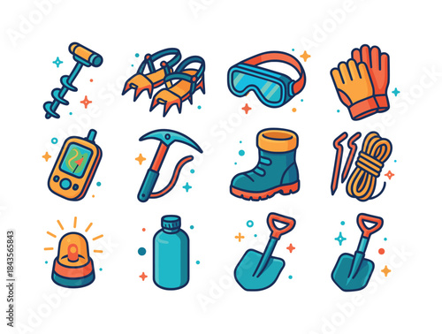 Colorful Ice Exploration Icons. Ice exploration tools. Colorful