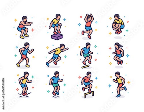 Colorful Plyometric Icons. Plyometrics. Colorful isometric vecto