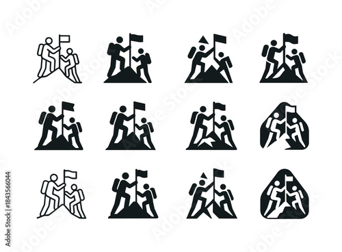 Hikers Summit Celebration Logos. A group of hikers at the summit