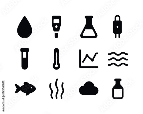 Water Quality Icons. Water quality management. Solid icon set of