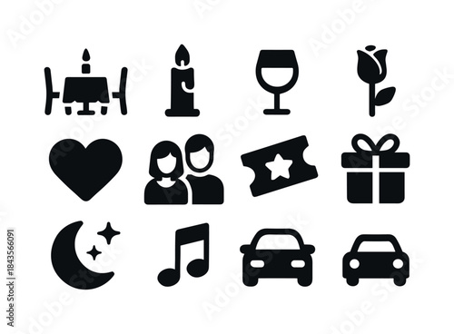 Romantic Date Icons. Date Night. Solid icon set of Date Night: t