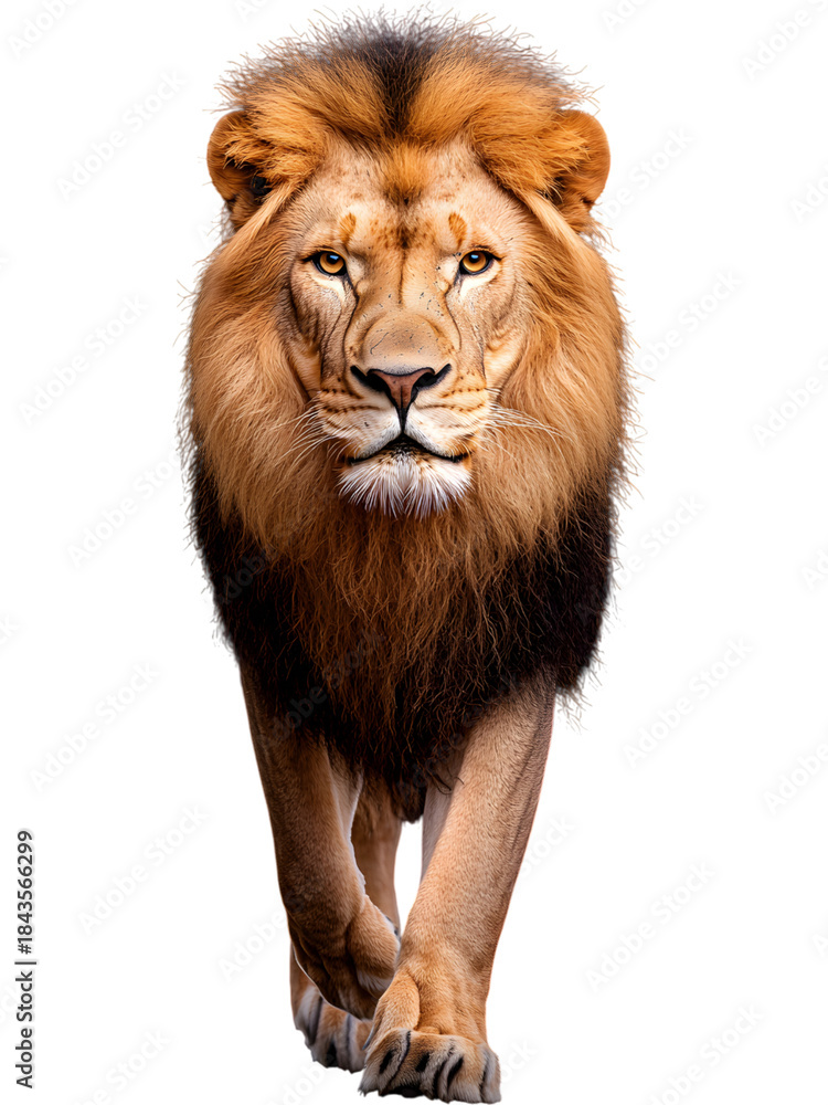 Obraz premium A fierce lion with a deep dark mane walking toward the viewer, emphasizing intensity, strength, and the wild spirit of nature.