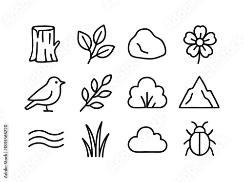 Nature Sketch Icon Set. Nature sketching subjects. Line icon set