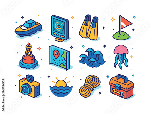 Marine Excursion Icons. marine excursions. Colorful isometric ve
