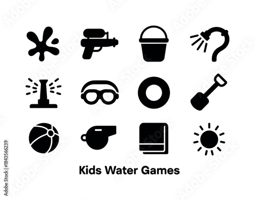 Kids Water Play Icons. Kids Water Games. Solid icon set of Kids