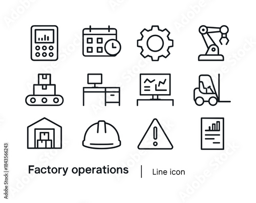 Factory Icon Set. Factory Operations. Line icon set of Factory O