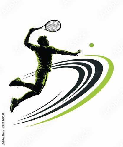 Dynamic tennis player silhouette midair smash with swirling motion lines