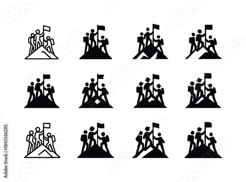 Summit Celebration Icons. A group of hikers at the summit of a m