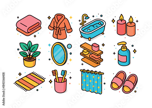 Cozy Bathroom Icons. Cozy Bathroom. Colorful isometric vector ic