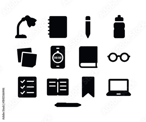 Study Essentials Icons. Study essentials. Solid icon set of stud