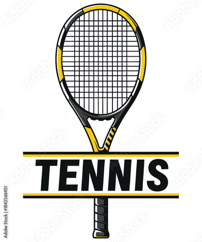 Tennis racket graphic with bold text banner for sports branding t shirt design