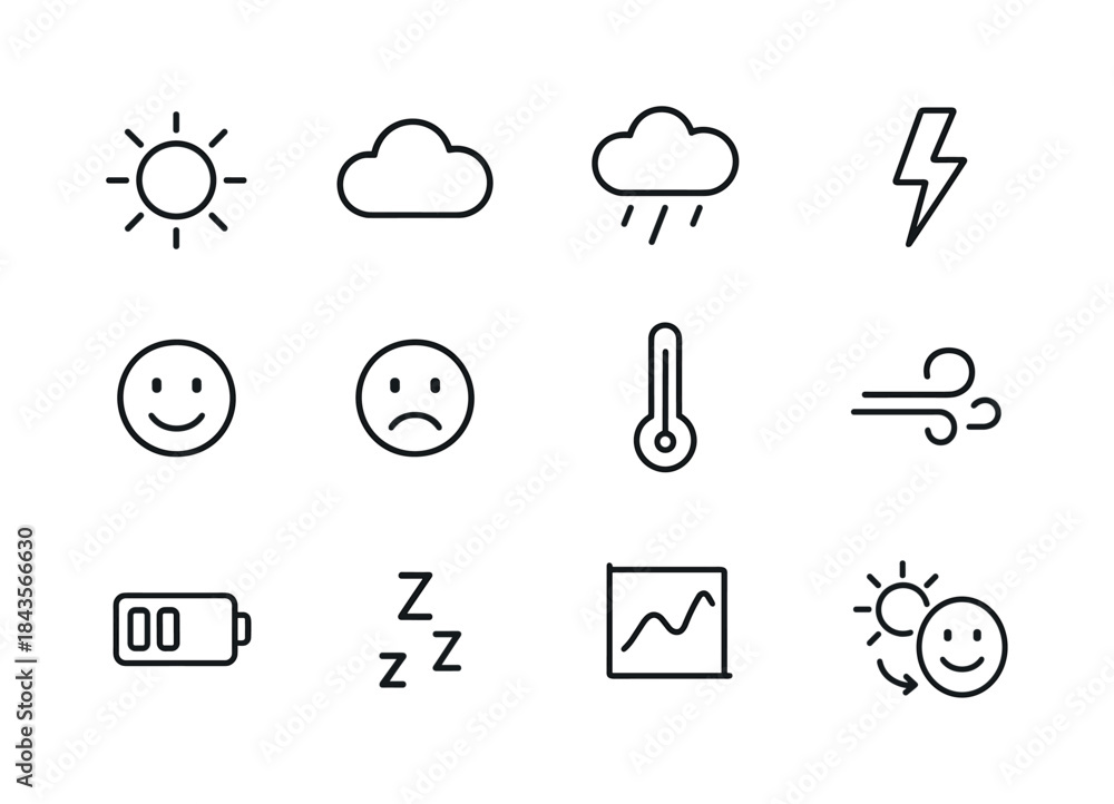 Fototapeta premium Weather Mood Icons. How Weather Affects Mood. Line icon set of H