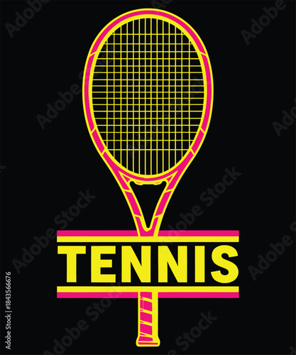 Retro tennis racket and text emblem design in yellow and red hues