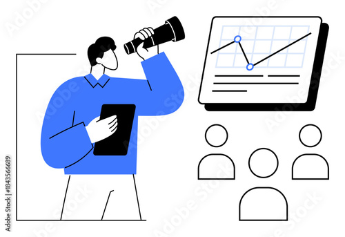 Man holding telescope and tablet, looking at growth graph with team member icons. Ideal for data analysis, research, teamwork, leadership, strategy, planning, growth simple flat metaphor