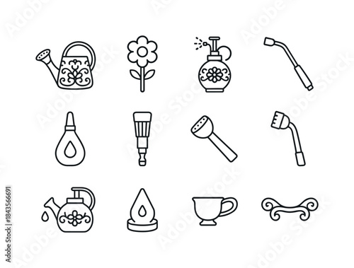 Decorative Watering Icons. Decorative watering tools. Line icon