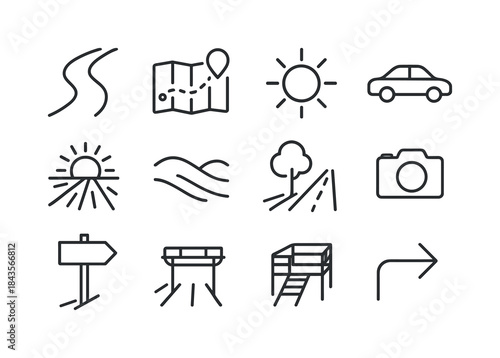 Sunlit Travel Icons. Sunlit travel routes. Line icon set of sunl