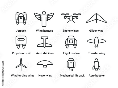 Mechanical Flight Icons. Mechanical flight devices. Line icon se