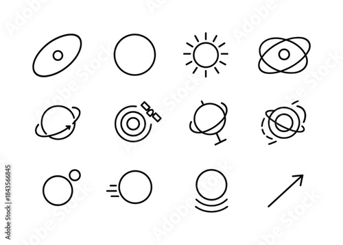 Planetary Motion Icons. Planetary motion. Line icon set of plane