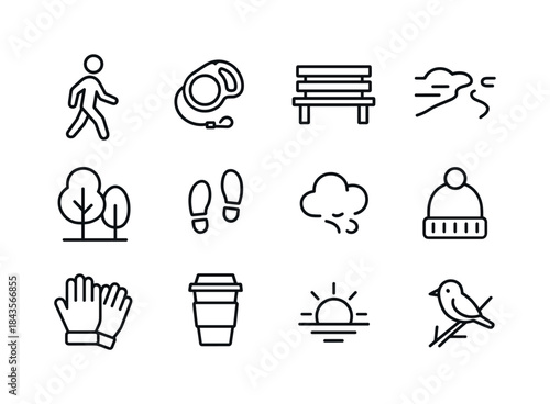 Early Walk Icons. Early Walk. Line icon set of early walks: pers