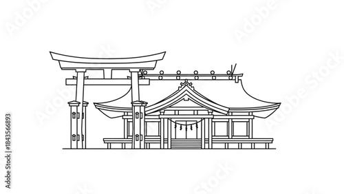 Traditional Japanese Shinto Shrine and Torii Gate Line Art Illustration.
