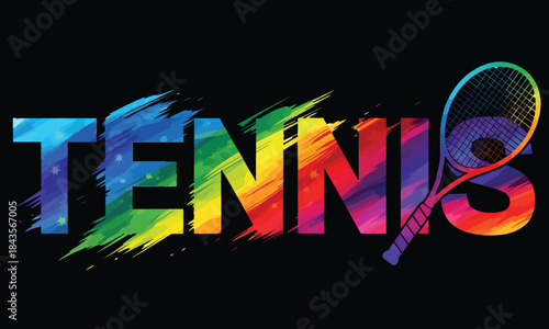 Colorful grunge tennis text design with racket graphic