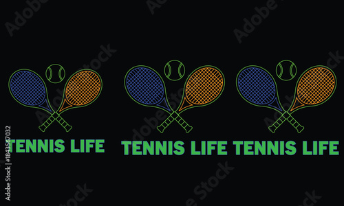 Tennis life graphic design with rackets and balls on black background
