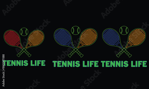 Three pairs of tennis rackets and balls with tennis life text