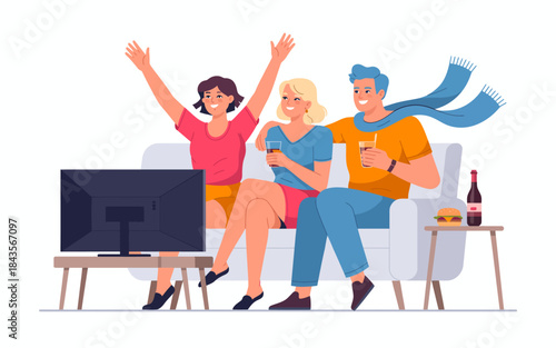 A joyous moment shared between three friends as they celebrate while watching TV, with drinks in hand and a cozy atmosphere, perfect for a game night or gathering.