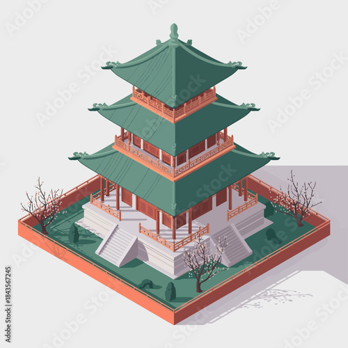 A beautifully crafted traditional pagoda showcases intricate design elements, surrounded by bare trees in a serene landscaped area, reflecting cultural heritage and architecture.