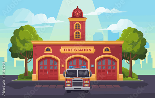 An illustration of a classic red fire station showcasing its architecture and service vehicles, representing courage, community safety, and the dedication of emergency services.