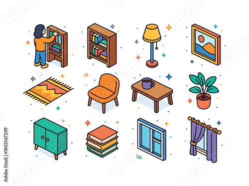 Colorful Interior Icons. Interior Scene. Colorful isometric vect