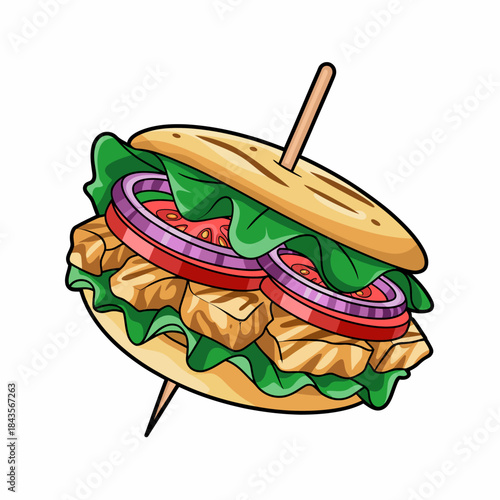 An appetizing illustration of a layered sandwich, showcasing vibrant vegetables and quality ingredients, creating a mouth-watering image that embodies culinary creativity and nourishment.