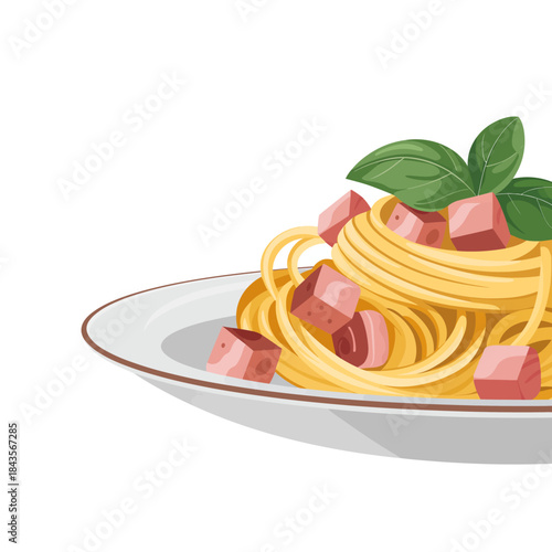 An appetizing plate of spaghetti adorned with fresh basil and ham, highlighting culinary delight and evoking feelings of taste, warmth, and the joy of sharing delicious meals.