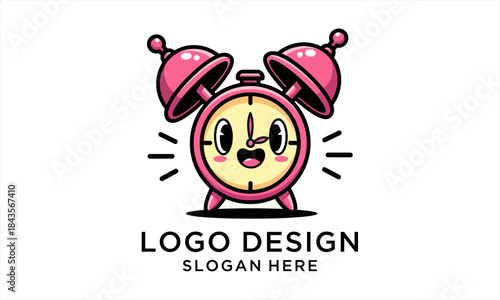 Cute Cartoon Alarm Clock Character Logo Design.