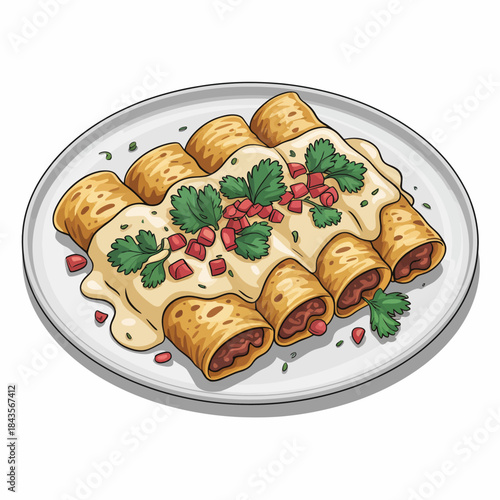 This enticing image showcases a plate of delicious enchiladas smothered in a creamy sauce, garnished with herbs, inviting viewers to indulge in a flavorful culinary treat.