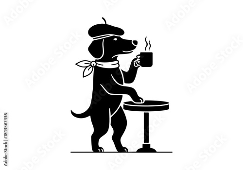 A black silhouette of a dog wearing a beret and bandana, holding a steaming mug while leaning on a stool.