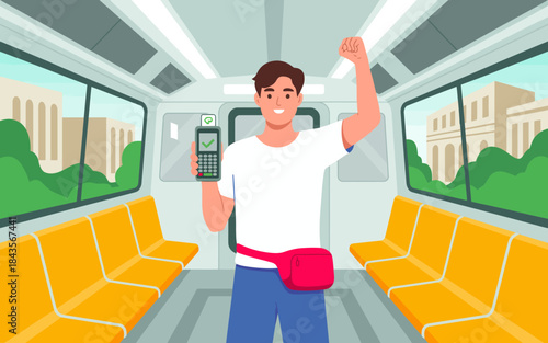 A cheerful young man holding a phone in a public transport setting, celebrating the convenience of technology and its role in everyday travel experiences.